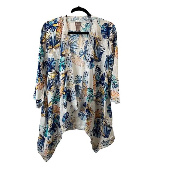 Chicos Size 1 Floral Tropical Palm Leaf Open Front Waterfall Cardigan Kimono M - Picture 1 of 11